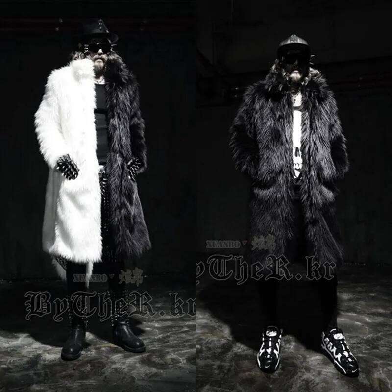 Imitation Coatslong Trench Men's Black and White Color Matching Coat Outwear Faux Steampunk Fur Jackets Coats Z260313