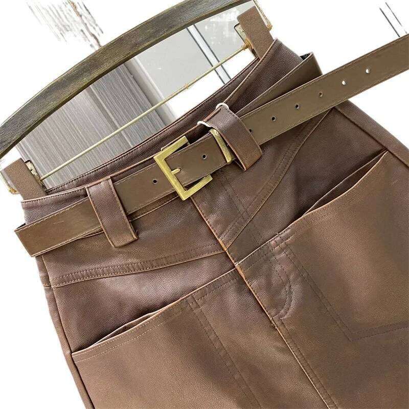 High waisted half body women's autumn winter new A-line retro PU short skirt, coffee leather skirt Z260314