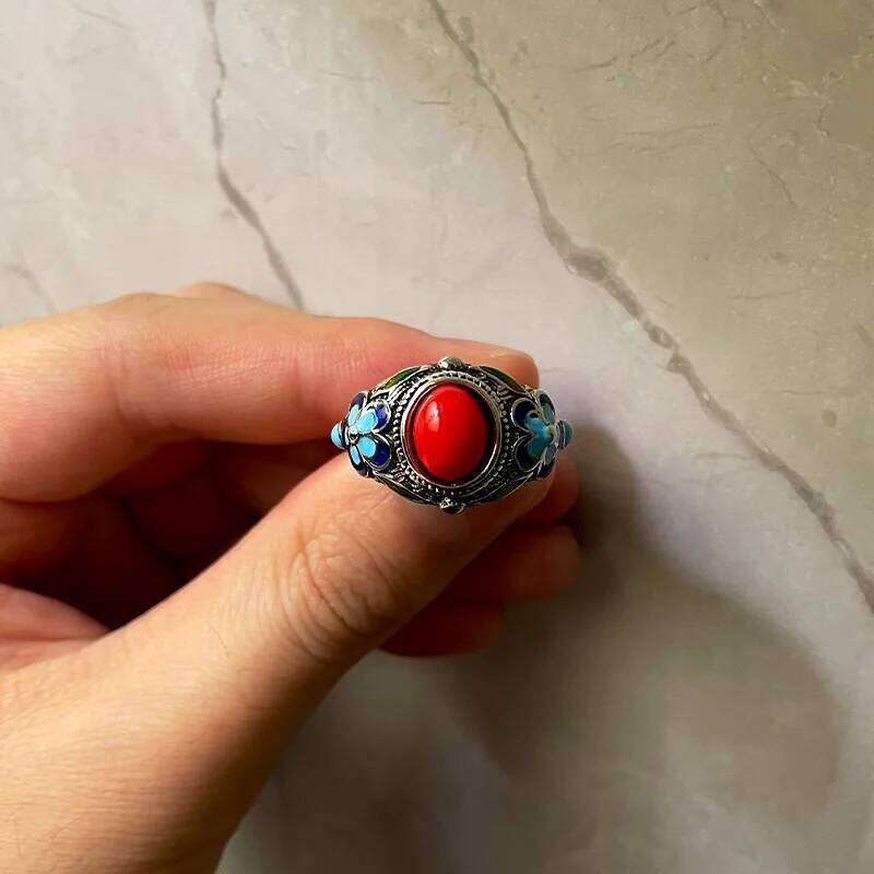 Retro Filigree Inlaid Red Burnt Blue Palace Punk Gothic Open Ring For Women Handmade Unisex Designer Jewelry Accessories H260312