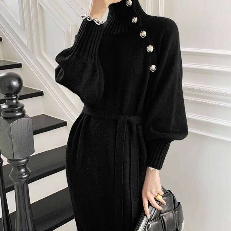 Beige Turtleneck Evening Female Dress Women's Dresses Loose Maxi Crochet Black Clothing Long Robe Knit Sensual Sexy Beach Z260314