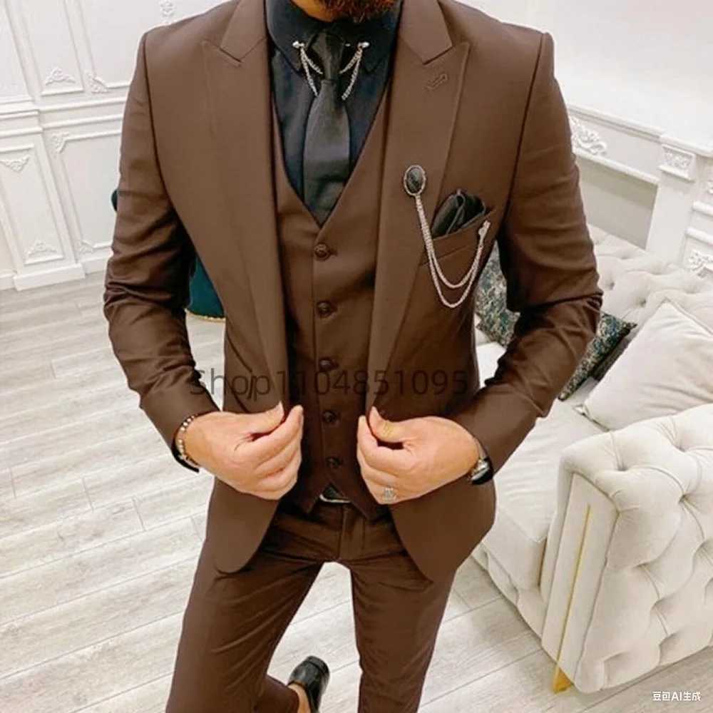 Elegant Wedding 3 Piece Mens Suit Set - Single Breasted PeAK Lapel JaCKet Pants VEST Business Male CloTHing M260313