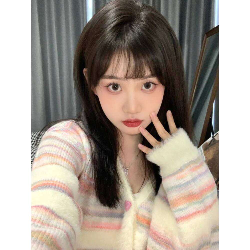 2026 Harajuku Y2k Kardigany Rainbow Striped Cardigan Women Kawaii Heart Button Japanese Soft Sweet Knitted Sweater Chic New Coat Z260313