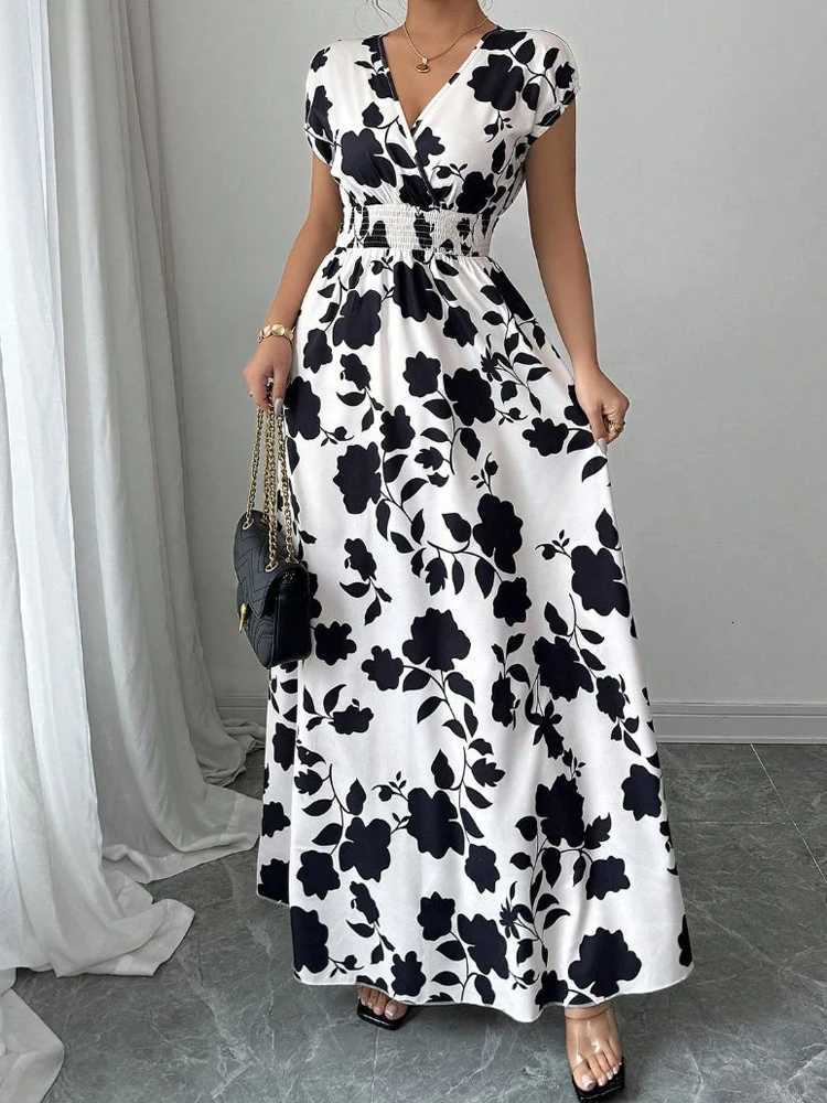 New Summer Womens Printed Lace-up Maxi DressShort Sleeved DressesCasual DressesFloral DressesElegant Dresses For LadiesT260316