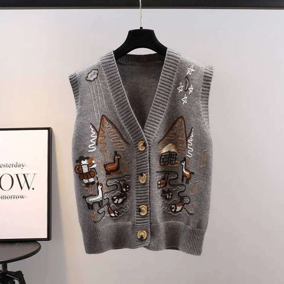 2023 Spring Autumn Korean Edition Reduced Age V-Neck Knitted Sweater Tank Top New Loose and Thickened Women's Coat Z260314