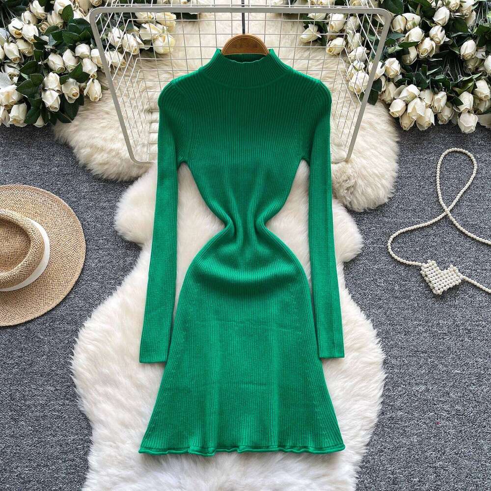 REALEFT Autumn Winter French Style Women's Knitted A-line Solid Long Sleeve Turtleneck Casual Bottom Wrap Dresses Female Z260314