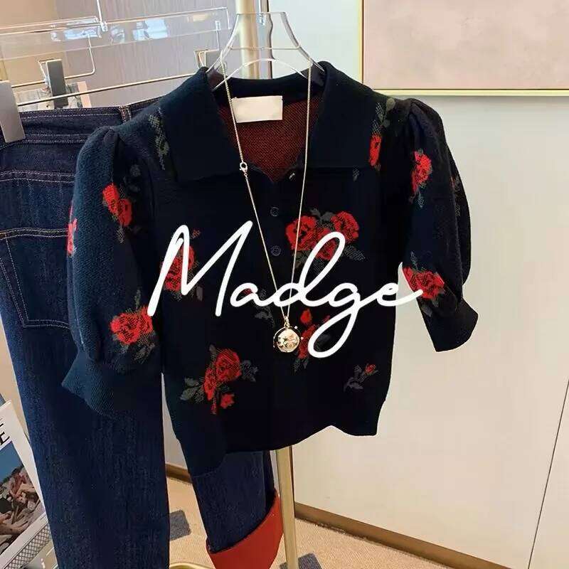 Black Rose Jacquard Sweater For Women Knit T-shirt Pullovers Elegant Vintage Ladies Tops Tees 2024 Summer Short Sleeve Knitwear Z260313