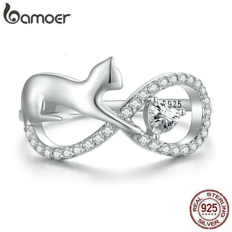 Bamoer 925 Sterling Silver Cute Cat Finger Infinite Symbol Ring for Women Birthday Gift Pave Setting CZ Fine Jewelry SCR918 H260312