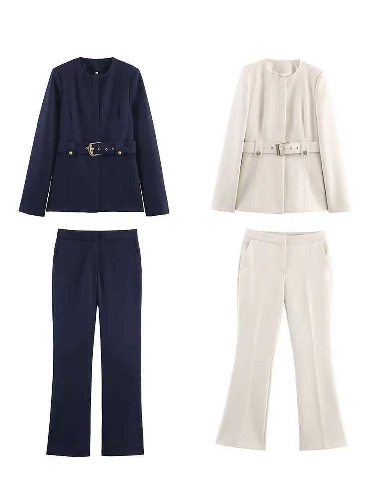 HH Women O-Neck Fashion Long Sleeve Button With Belt Suit JacketPockets Zipper High Waist Slim Pants Solid 2-Piece Set M260313