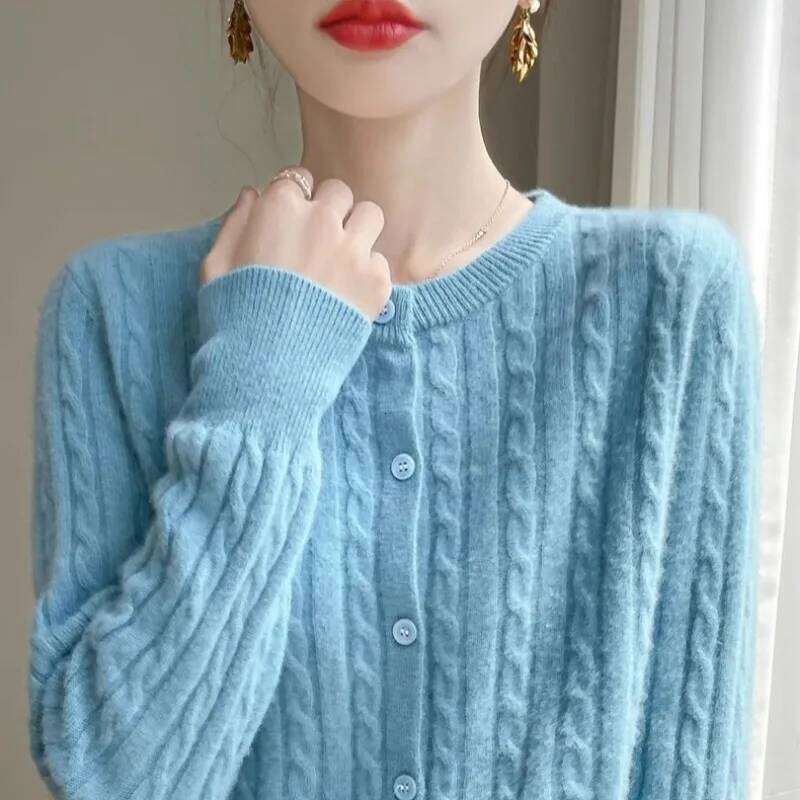 Autumn Winter 2025 Women Cardigans O-neck Solid Sweater Spring Long Sleeve Single Breasted Knit White Fashion Korean warm Jumper Z260314