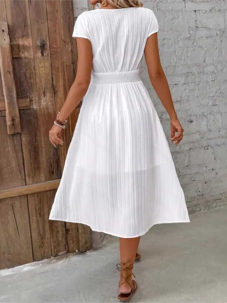 Casual White Lace Dress For Women Fashion Short Sleeve V Neck High Waist Loose Dresses Lady Elegant Holiday Party Skirt SummerT260314