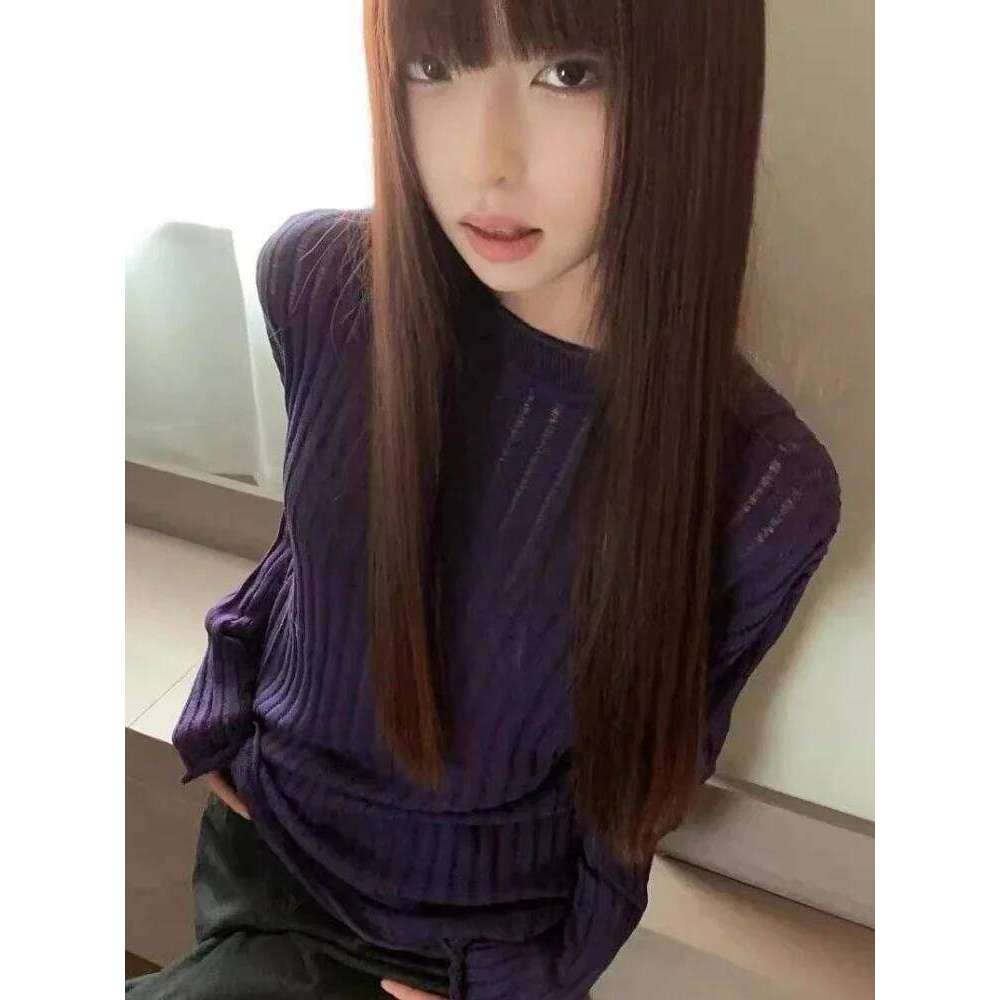 2025 Streetwear Vintage Purple Autumn Sweaters Harajuku Grunge Flare Sleeve Jumpers Loose Knitted Women Hollow Out Pullovers Z260314