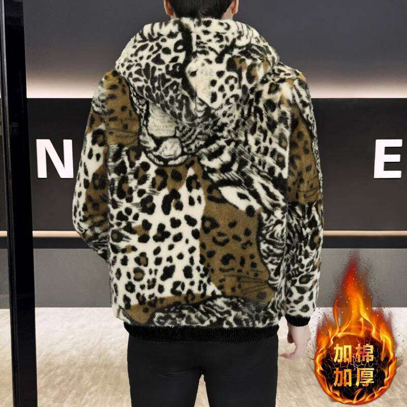 2025 Winter Leopard Print Fur Jacket Men Thick Warm Hooded Casual Cotton Jackets Social Business Faux Mink Coat Z260313