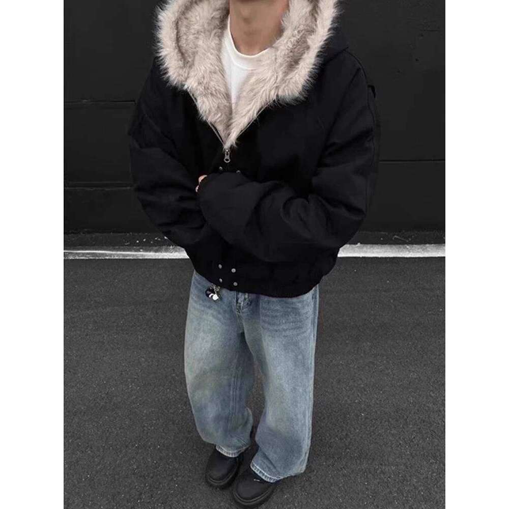 American Retro Trend Faux Fur Hooded Jacket for Men Winter Warm Thick Fashion Versatile Cotton Coat Z260313