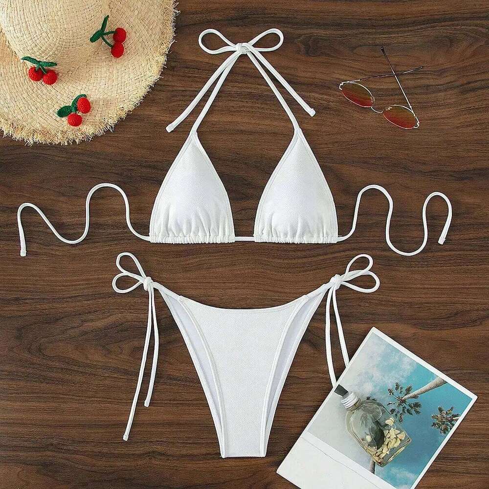 Summer white pure simple front-tie bikini swimsuit set 26H0313