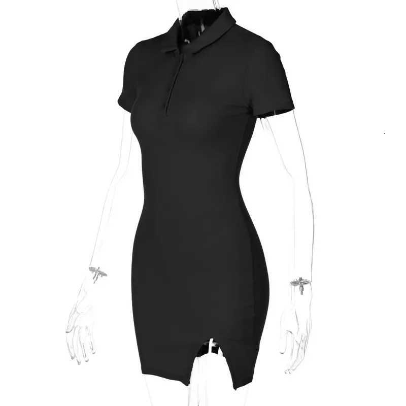 Womens EU US Black Short Sleeve Polo V-Neck Bodycon Knit Side Slit Mini Dress Daily Dating Party Spring Summer Casual WearT260314