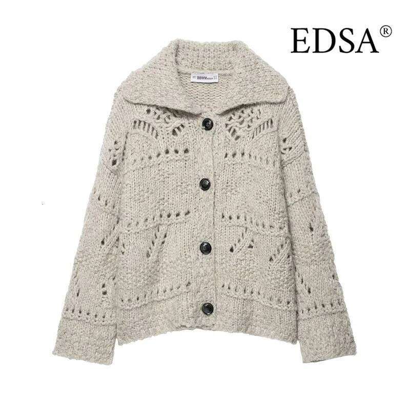 EDSA Women Knitted Cardigan Single Breasted Revere Collar Long Sleeves for Spring Autumn Loose Female Tops Z260313