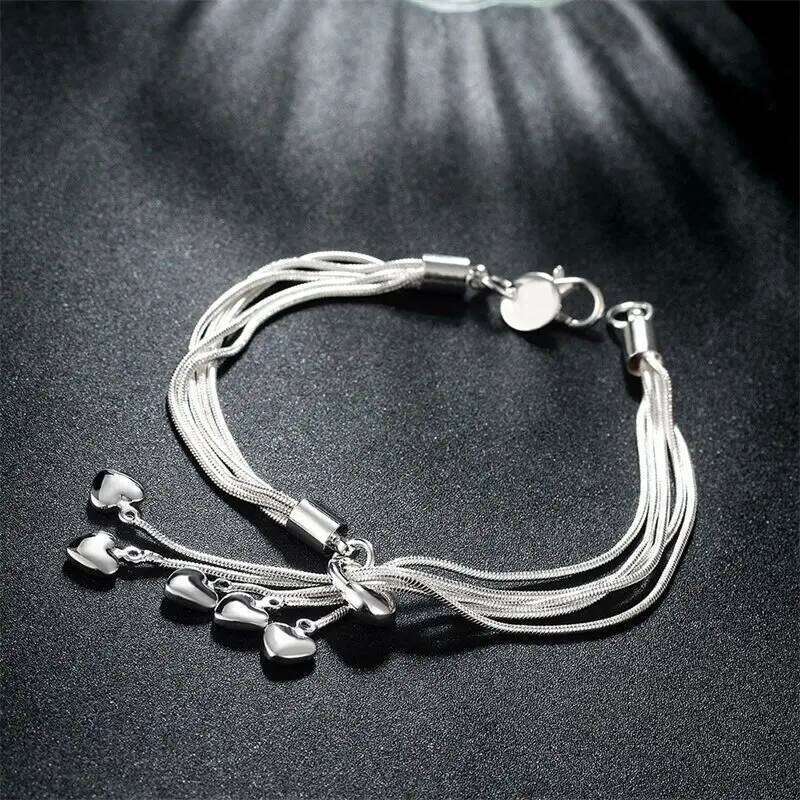 New Charm 925 Sterling Silver 8 Inches Tassel Heart Chain Bracelet For Women Fashion Jewelry Gifts Party Accessories Z260313