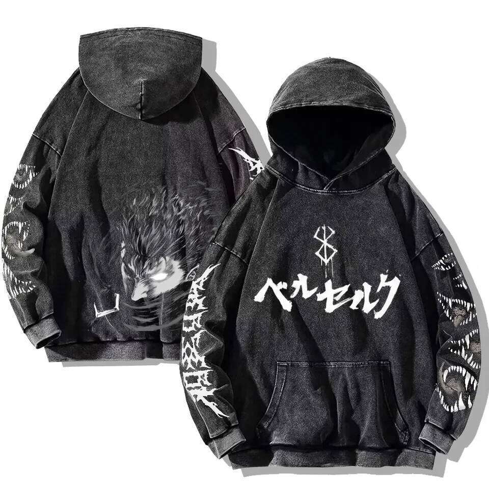Berserk Printed Washed Hoodies Gothic Vintage Cotton Hooded Sweatshirt Y2k Oversized Long Sleeve Pullover Men Women Retro Hoodie 26Y0313