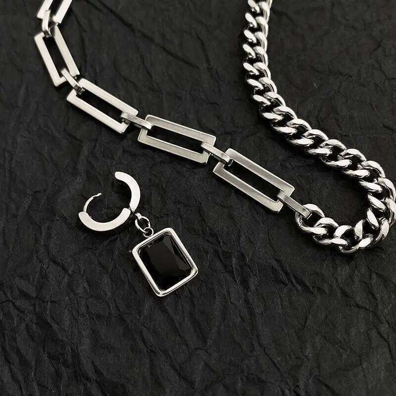Stainless Steel Cuban Chain Choker for Men Black Square Pendant Necklace Male Chains Cool Hip Hop Neck Jewelry New H260312