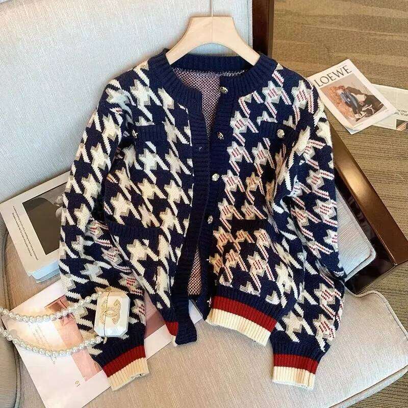 Women Retro Houndstooth Luxury Chic Single Breasted Knitted Cardigan Autumn Winter Casual O Neck Long Sleeve Loose Sweater Coat Z260313
