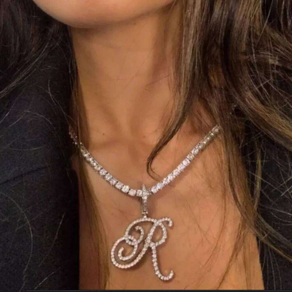 Flatfoosie Fashion A-Z Cursive Letter Crystal Chain For Women Bling Iced Out Initial Pendant Necklace Hip Hop Jewelry H260312