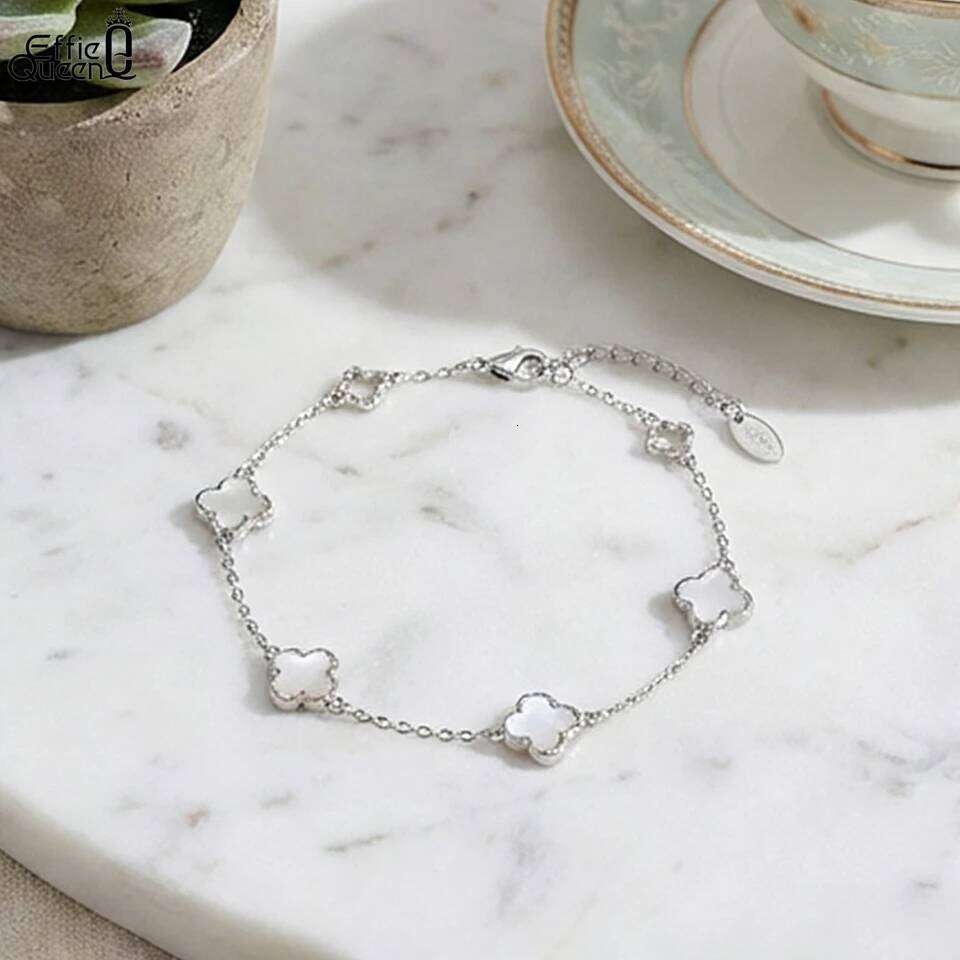 EFFIE QUEEN Chic 925 Sterling Silver White Shell Four-Leaf Clover Bracelet Lucky Symbol Romantic Gift for Casual Wearing GMB68 Z260313