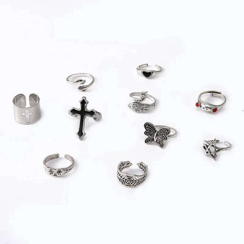 LATS Vintage Silver Plated Cross for Women Gothic Punk Steampunk Crying Face Butterfly Frog Ring Sets Party Fashion Jewelry H260312