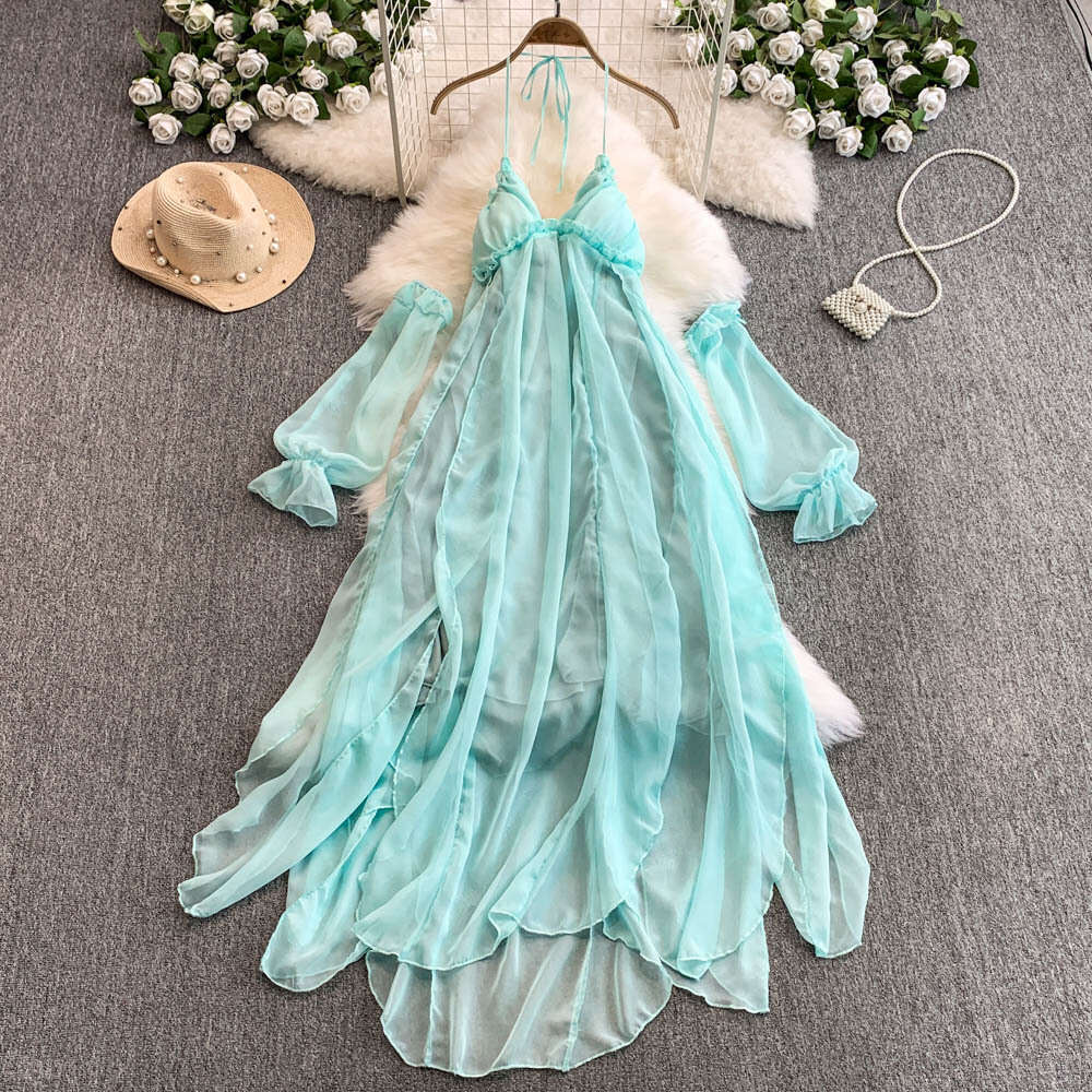 Women's pure desire holiday dress summer new romantic ethereal with pleated chiffon suspenders and shoulder straps