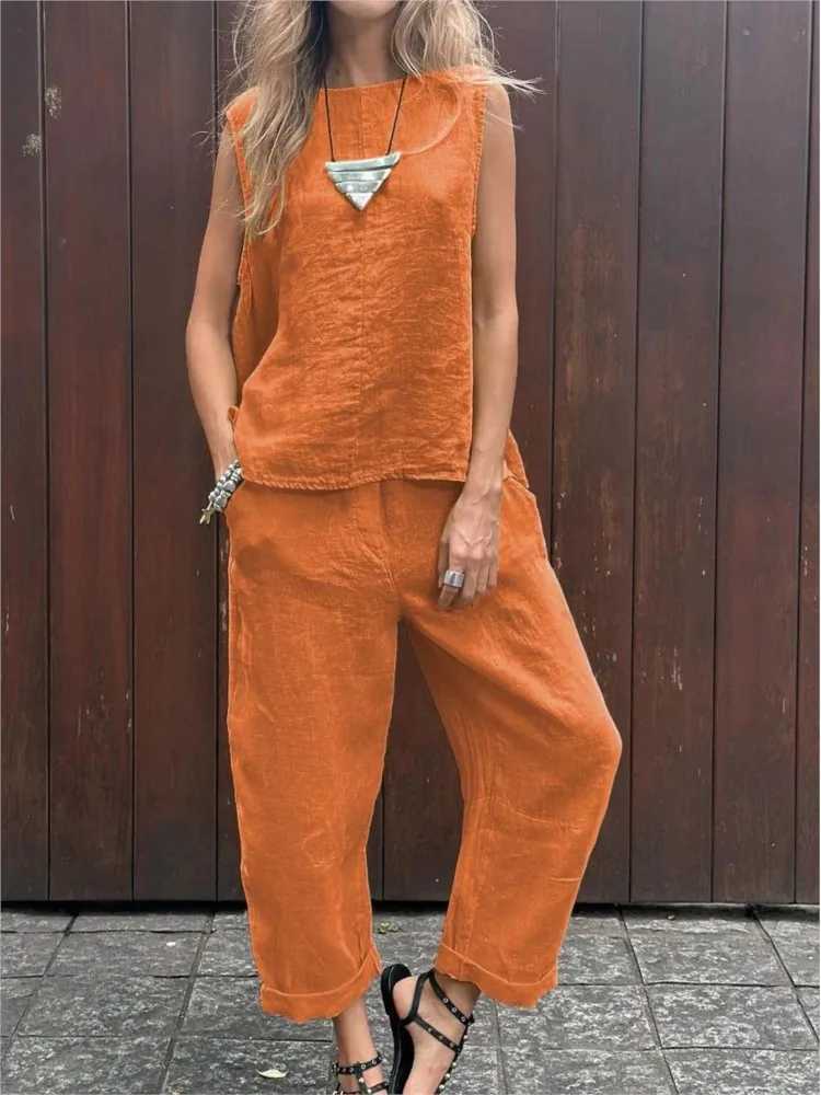 Summer Cotton And Linen Casual Outfits Female Fashion Solid Color Two-piece Set For Women Sleeveless Top Trousers Womens Suit M260313