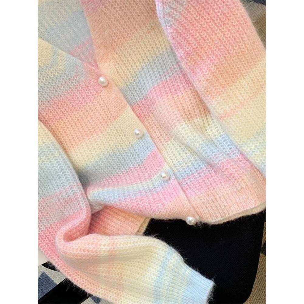 Fashion Rainbow Cardigan Sweaters Women Elegant Pearl Buttons Knitted Coat Chic V Neck Casual Korean Sweet Female Tops Z260314