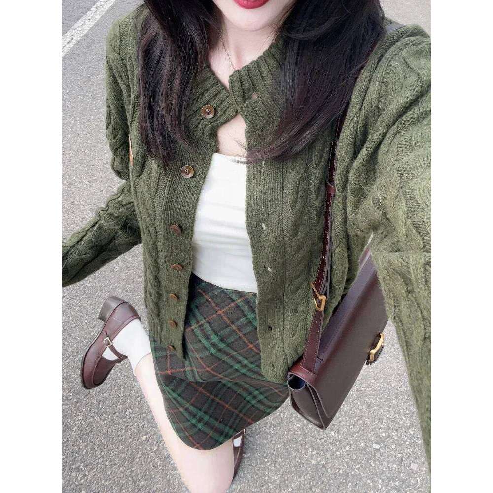 Knitted Cardigan Women Green Soft Vintage Sweaters Coats Tender Korean Fashion Daily High Street Girlish Autumn Z260313