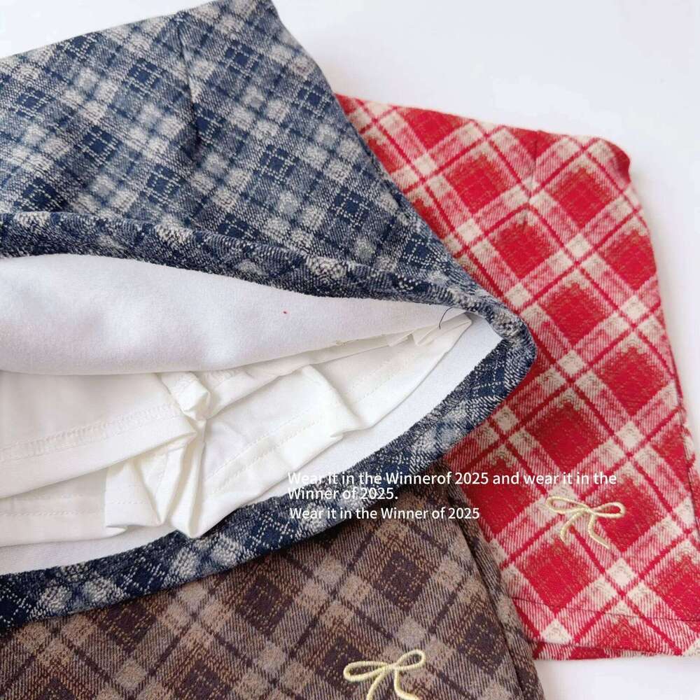 Winter Kids Plaid Bow Print High Waist Infant Babys Girl Retro Preppy Style Toddler Girls Skirts Woolen Skirt Z260314
