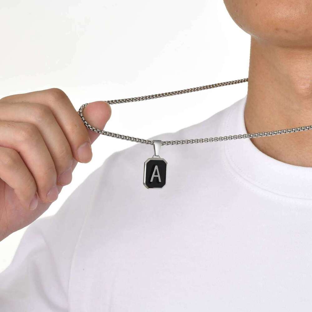 Stylish Initials Square Necklaces for Men Boys,A-Z 26 Letters Stainless Steel Pendant Collar Gifts,50/55/60/70cm H260312