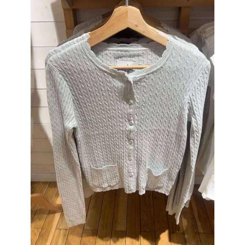Lace Trim Twisted Cardigan Sweater Women Autumn Crew Neck Single Breasted Pocket Knitwear Sweet Casual Simple Long Sleeve Jumper Z260313
