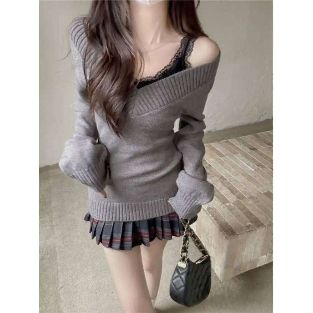 Women Retro V-Neck Slim Fit Long Sleeve Knitted Sweater Summer Soft Versatile Overhead Top Ins Commute Casual Wear Z260313