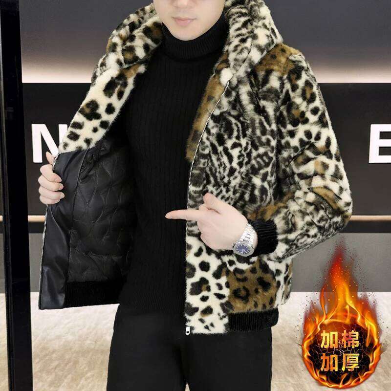 2025 Winter Leopard Print Fur Jacket Men Thick Warm Hooded Casual Cotton Jackets Social Business Faux Mink Coat Z260313