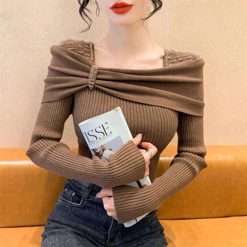 Spring Autumn Solid Color Square Collar Long Sleeve Fashion Sweater Women High Street Casual Slim Korean Style Flares Pullovers Z260313