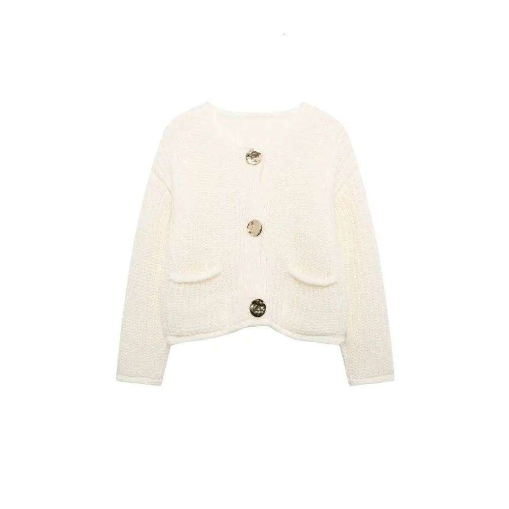 Women's Long Sleeve Knit Cardigan Sweater, Gold Buttons, Front Patch Pockets, O Neck, Female Outerwear, Chic Tops, Fashion Z260313