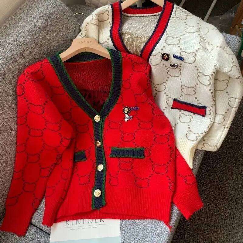 V-neck Embroidered Knitting Cardigan Coat Women Autumn Winter Fashion Loose Long Sleeve Sweater All-match Trend Knitwear Tops Z260313