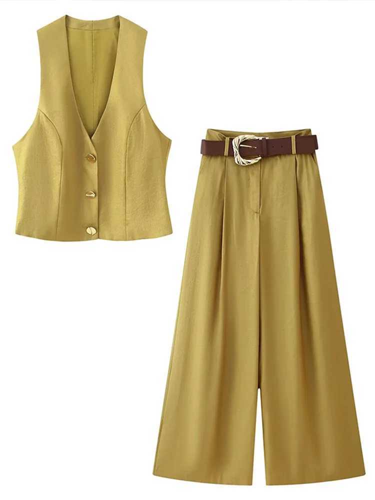 Elegant Women Vest Pants Set Solid Sling V-neck Backless Tops Belt Zipper Wide Leg Long Trouser Lady Suit Summer Chic Streetwear M260313