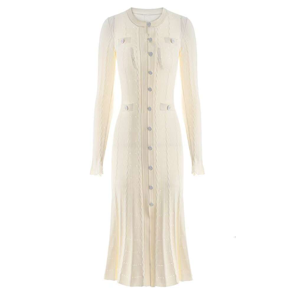 Spring and Autumn Round Neck Long Dress French Women's Small Fragrant Style c10 Solid Color Split Single breasted Knitted Dress
