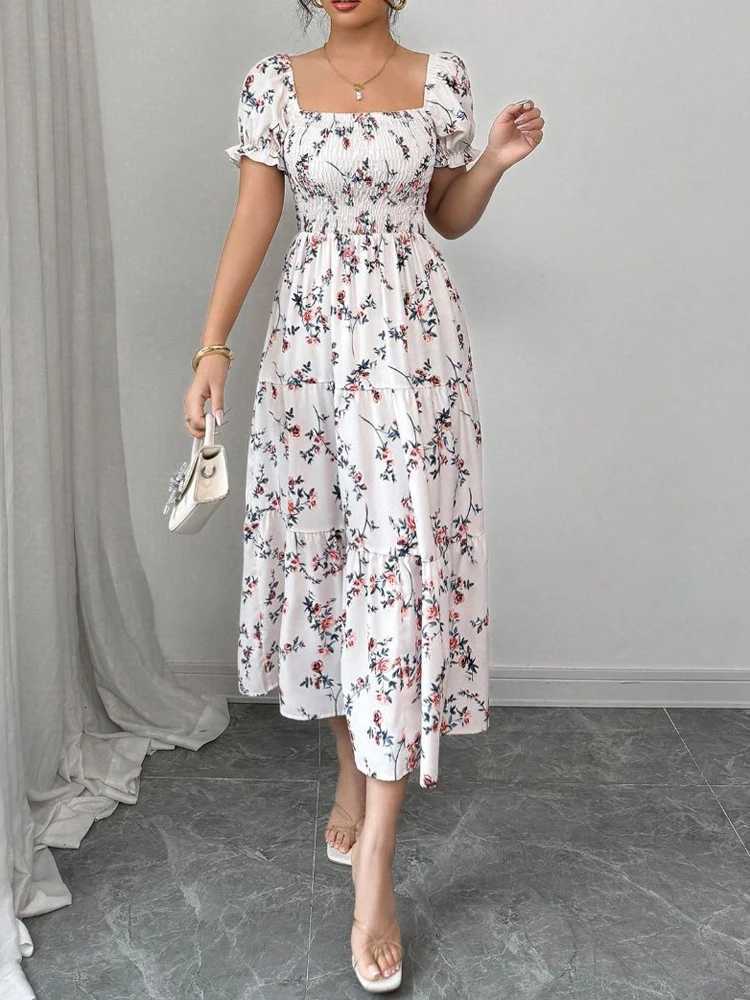 New Summer Fashion Womens Printed DressShort Sleeved DressesWhite DressesFloral DressesElegant DressesWomans ClothingT260316