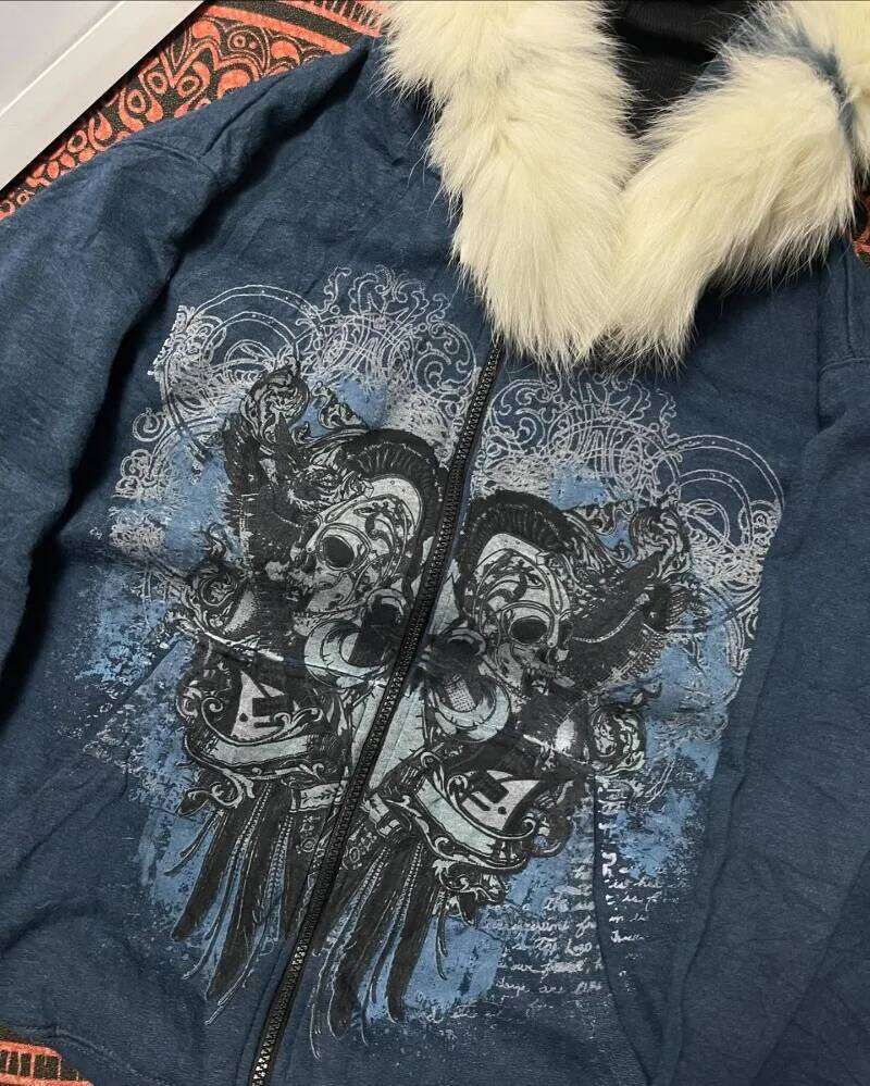 American Vintage Rock Gothic Graphic Fur Collar Loose Zipper Sweatshirt Men Y2K New Harajuku Punk Casual Joker Hoodie Streetwear Z260314