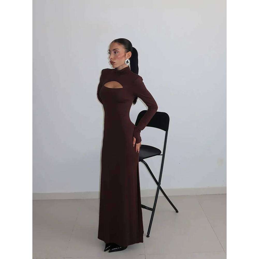 Ahagaga Sexy Sheath Women's Maxi Dresses Solid Turtleneck Regular Long Sleeves Hollow Out Slim Fit Bodycon Party Vestidos Robes Z260313