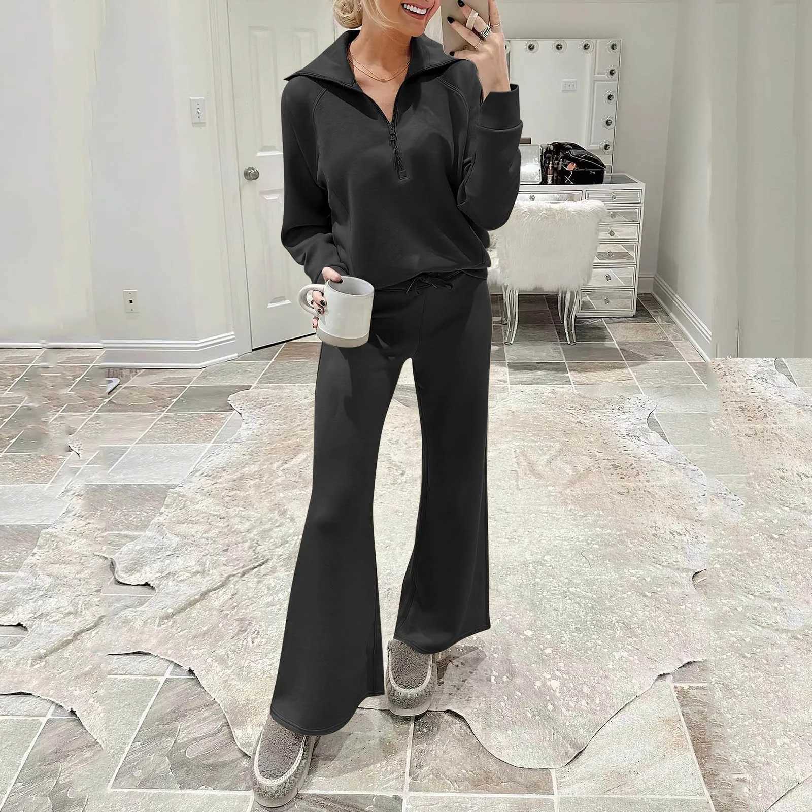 Women 2 Piece Outfits Sweatsuit Set 2024 Activewear Workout Fall Oversized Half Zip Sweatshirt Sweatpant Lounge Set Tracksuits M260313