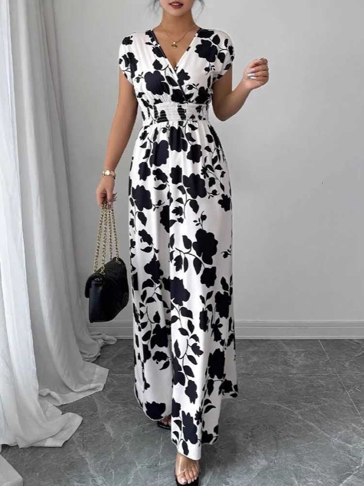 New Summer Womens Printed Lace-up Maxi DressShort Sleeved DressesCasual DressesFloral DressesElegant Dresses For LadiesT260316