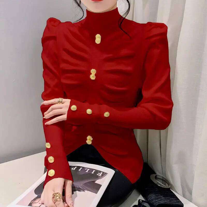 Semi-turtleneck Sweater Women's Bubble Sleeves Slim-fit Knitted Pullover Pleated 2024 Autumn New Long-sleeved Temperament Top Z260314