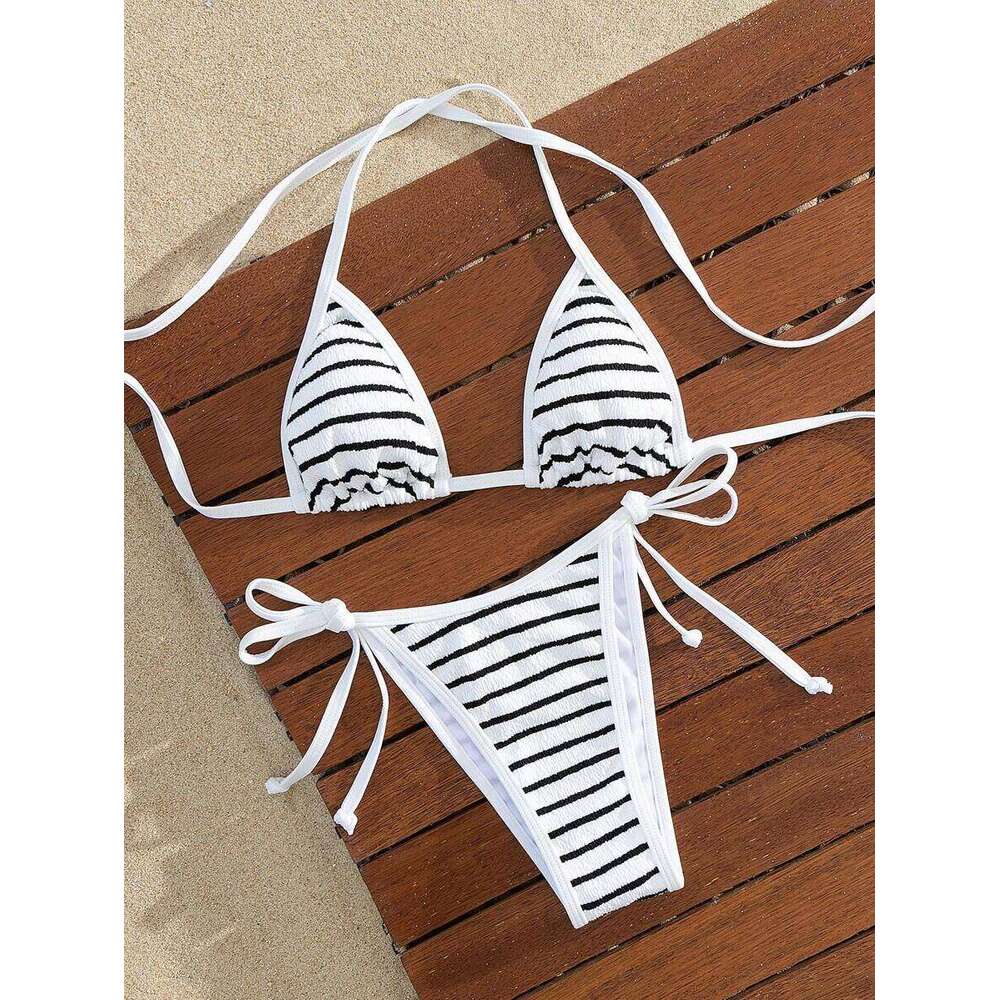 Swim Mod Women's Elegant Stripe Textured Halter Triangle Set, 2026 Animal Figure-Flattering High Cut Cheeky Two Pieces Swimwear With Self-Tie Str