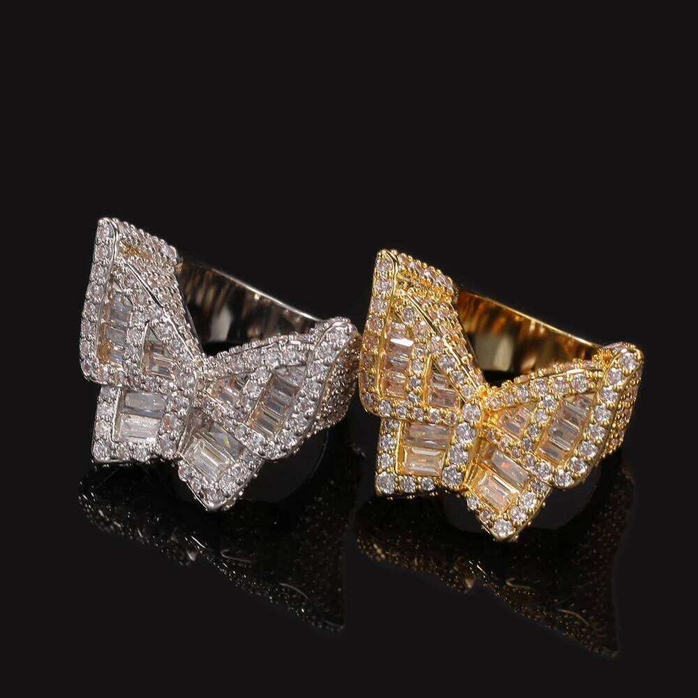 THE BLING KING Men Hiphop Baguettecz Cluster Square Cut Large Butterfly Shape Cubic Zirconia Gold Color Party Ring Jewelry H260312