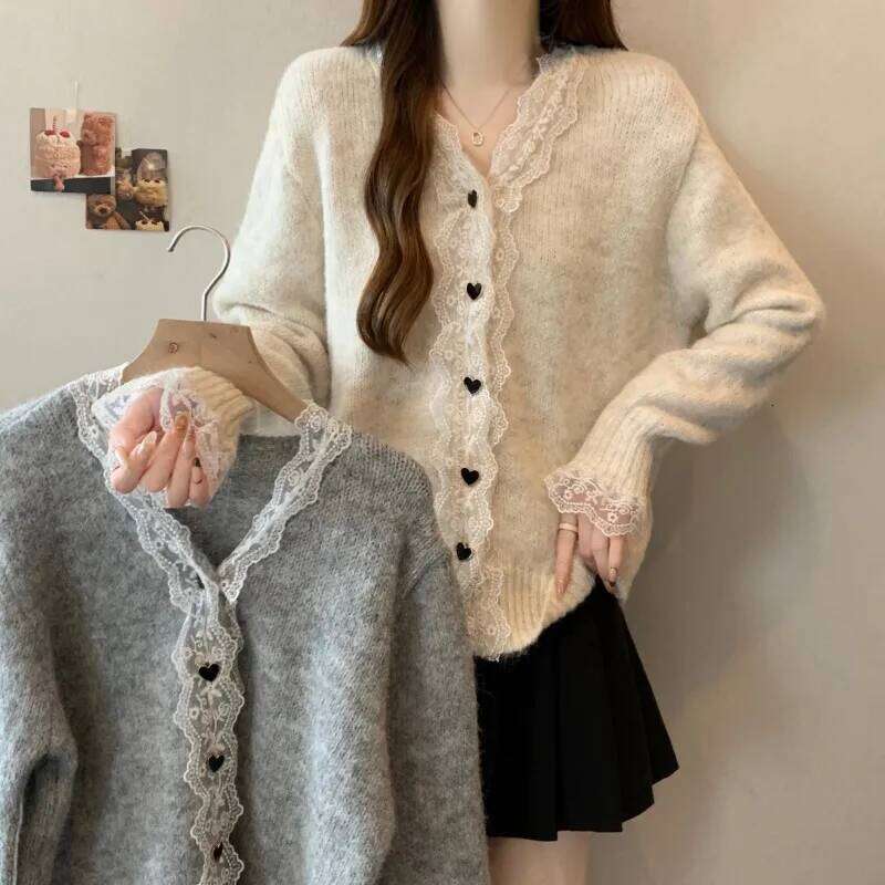 French Lace Edge Patchwork V-neck Women Cardigan Autumn Winter Lazy Style Loose Long Sleeves Single-Breasted Knitted Sweater Z260313